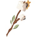 icon of roasted marshmallows on an open fire on a wooden stick with green leaves Royalty Free Stock Photo